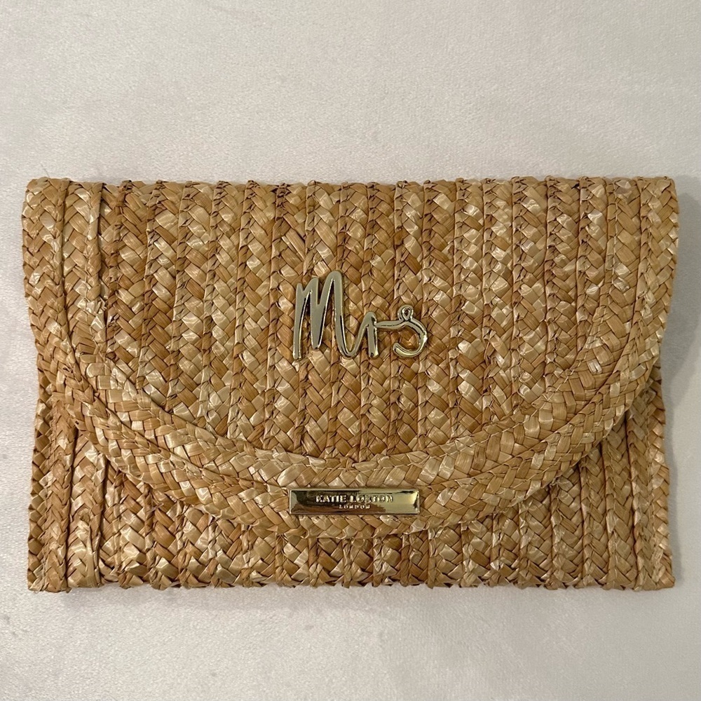 Katie Loxton LONDON wheat straw woven clutch gold “Mrs” honeymoon newlywed